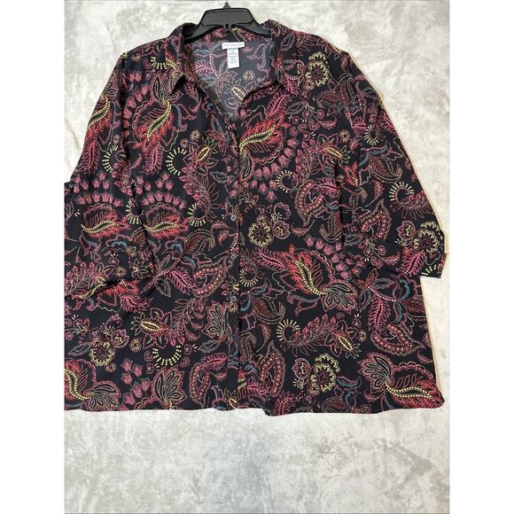 Women’s Catherines Button Up Paisley 3/4 Roll Tab Sleeves Multicolored plus 3X - Picture 9 of 13